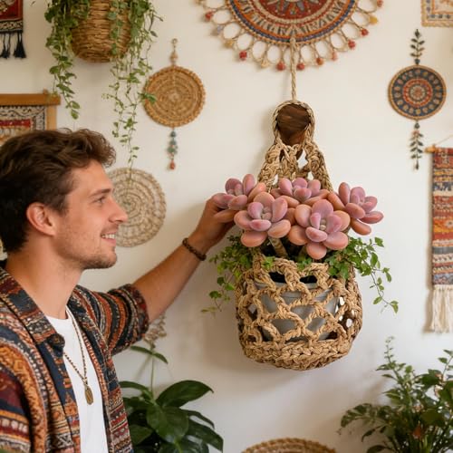 Hanging Plant Basket – Hand Woven Cotton Rope Wall Mount Planter with Hooks | Bohemian Style Indoor Plant Stand for Home Decor, Indoor Greenery, Balcony, and Window Display - color: Brown