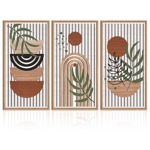 IARTTOP Large Boho Wood Wall Art Framed 16x32 Inch Mid century Modern Wooden Wall Decor Abstract Bohemian Minimalist Art Decor for Bedroom Living Room Office Set of 3 - color: Vintage Boho, size: 16 x 32 inches