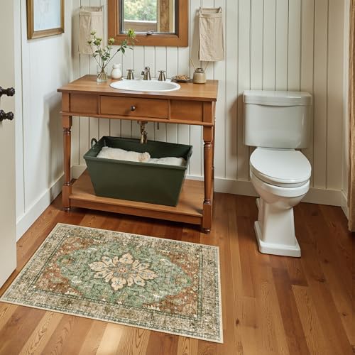 RELEANY Area Rugs Small 2'x3' Washable Non-Slip, Floral Vintage Distress Medallion Carpet for Kitchen Entryway Bathroom, Terracotta Burnt Orange Green - color: Brick/Brown/Green, size: 2' X 3' (Rectangular)