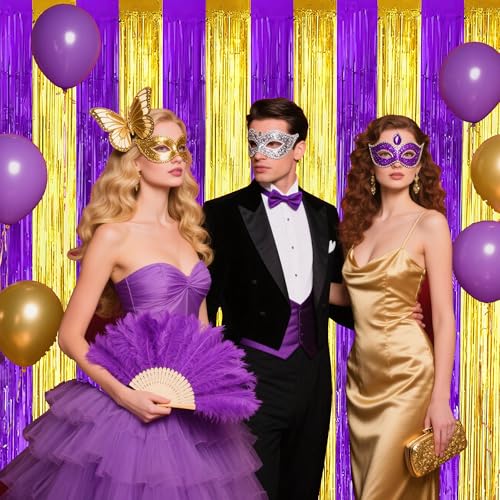 TONIFUL 2Pcs Purple and Gold Fringe Backdrop Curtain 2026 Graduation Parties Metallic Tinsel Foil Fringe Photo Booth Backdrop Door Streamers for Birthday Bachelorette New Year Party Decorations - color: Purple Gold