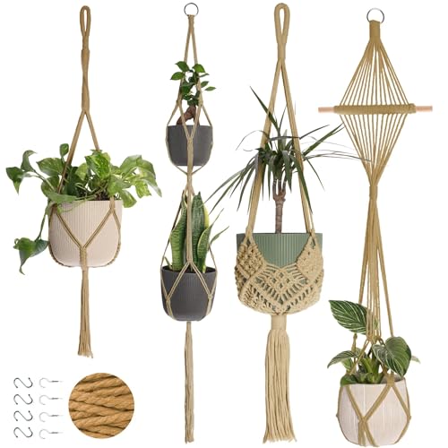 Nook Theory 4-Pack Macrame Plant Hangers with 8 Hooks - Hanging Planters for Indoor Plants, Boho Macrame Hangers Indoor Outdoor, Decorative Plant Hanger Indoor (Caramel) - color: 4-pack Caramel
