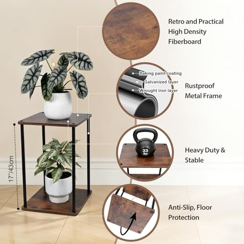 Vigordream Plant Stand Indoor Outdoor 2 Tier Metal Plant Shelf Tall Pedestal Stand Flower Pot Stands Multiple Planter Support Rack for Corner Living Room, Balcony, Garden Patio (Retro Brown, 17 INCH) - size: 17 INCH