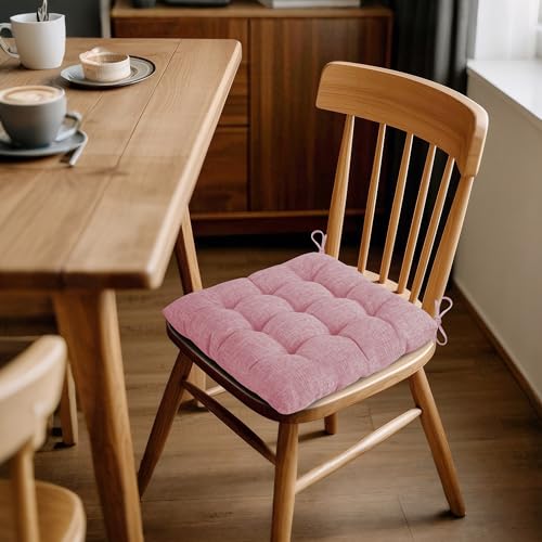 ELFJOY 4 Pack Chair Cushions for Dining Chairs Chair Pads Cushion for Kitchen Office Tufted Textured Square Seat Cushion with Ties (16" Light Pink) - color: Light Pink