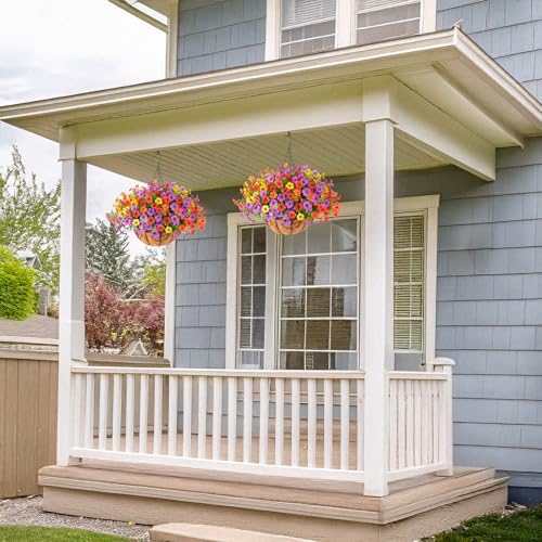 ZFProcess Artificial Faux Hanging Plants Flowers Basket for Spring Summer Outdoor Decoration, Fake Silk Daisy in Planter Realistic UV Resistant Look Real for Porch Home Patio Balcony Yard(Multicolor) - color: Multi Color