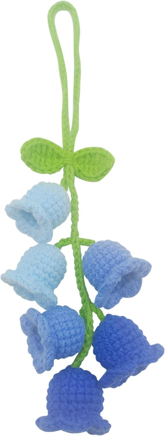 Car Rearview Mirror Hanging Ornament,Crochet Flower Basket Plant Car Accessories,Handmade Knitted Car Ornament Boho Car Accessories for Women (Lily of The Valley(Blue))