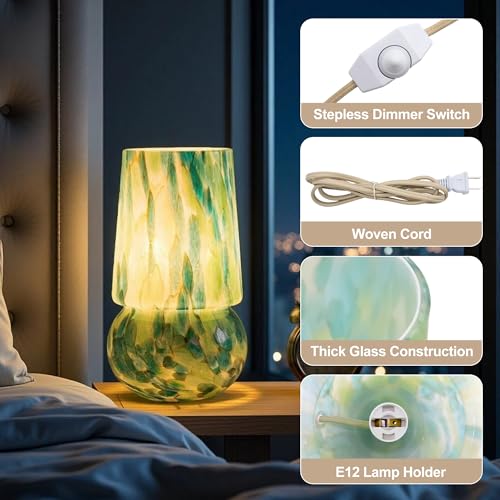 9.8 Inch Mushroom Table Lamp, UL Listed Dimmable Small Desk Bedside Lamp with Woven Beige Cord, Handcrafted Pattern, Murano Home Decor for Bedroom, Living Room, Emerald Teal, No Bulb Included - color: Emerald Teal
