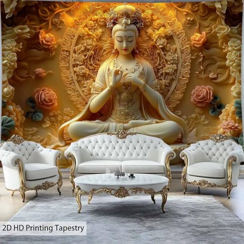 FENDROM Sitting White Buddha Tapestry Wall Hanging Buddhist Statue With Flower Meditation Wall Decor Zen Art Psychedelic Indian Wall Blanket for Bedroom Living Room Home Decor - color: White, size: 59"L x 39"W