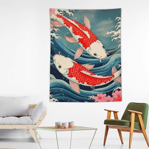 QEOPGNE Large Tapestry Wall Hanging Decor Koi Fish Japanese Great Waves Cherry Blossom Retro Wall Flags Tapestry for Bedroom Living Room Wall Art Decor Tapestries 60""x80"", style - color: Style, size: 80L" x 60W"
