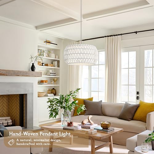 12.6 inch White Rattan Light Fixture Rattan Farmhouse Light Fixture Hand-Woven Pendant Lights Fabric Shade Boho Chandelier for Kitchen Dinning Room (Bulb Incl.) - color: 12.6"-White-Drum