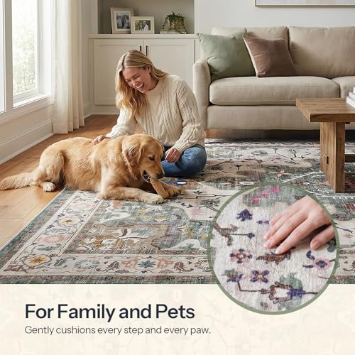 HOOBRO 5 x 7 Area Rugs Washable, Living Room Rugs, Non-Slip Rug Stain Resistant Carpets, Indoor Low Pile Soft Rug Pet Friendly Mat, for Bedroom Dining Room Hallway Home Office, Vintage Green GN03AR01 - color: Vintage Green, size: 5' x 7' (Rectangular)