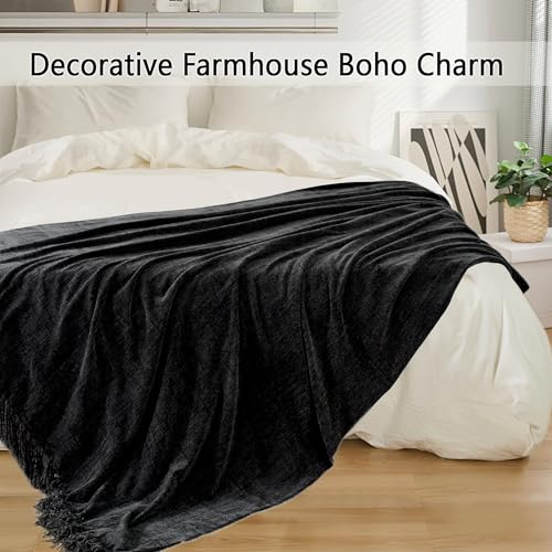 Chenille Throw Blanket for Couch 60"X 80" Twin, Soft Cozy Throws with Fringe Tassel for Bed Sofa Chair Cover, Lightweight Knitted Decorative Boho Blankets for Living Room, Black - color: Black, size: 60x80 inch