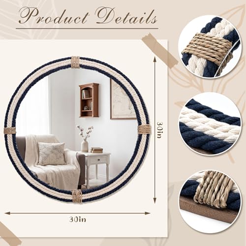 Vercraft Nautical Coastal Mirror 30" Wall Decor with Rope Wrapped Trim and Hanging Loop Round Circle Nursery Mirror Nautical Boho Rustic Decorative for Living Room, Bedroom Blue and White - size: 30"L x 30"W