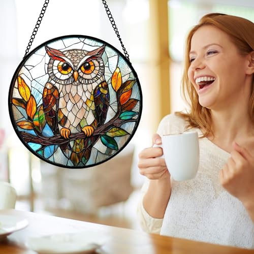DASTOLL Stained Glass Window Hanging, Owl Colorful Leaves Birds Sun Catchers Diamond Glass Panel Hangings Suncatcher Decor for Birthday for Women, Men, Wife, Aunt, and Mom 14.9x14.9 in - color: Brown, size: 14.9x14.9 IN