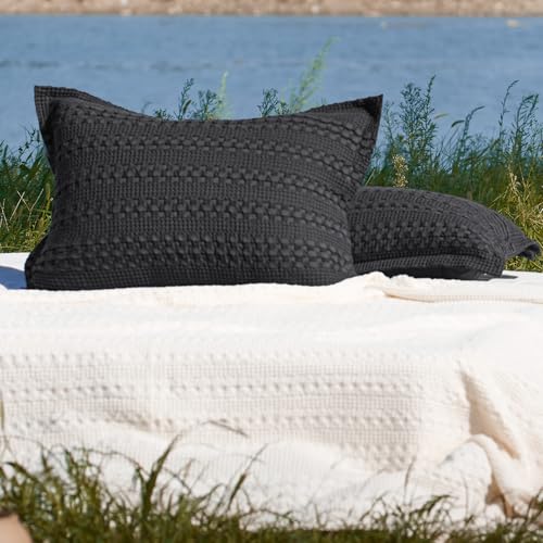 PHF 100% Cotton Waffle Pillow Shams Standard Size, 2 Pack 20" x 26" Soft Skin-Friendly Pillowcases, No Filling, Aesthetic Woven and Breathable Waffle Weave Pillow Case Covers for Bed, Black - color: Black, size: 26" x 20" (Pack of 2)