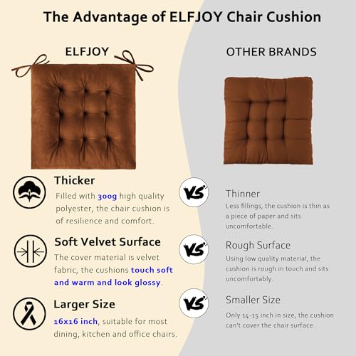ELFJOY 4 Pack Chair Cushions for Dining Chairs Chair Pads Cushion for Kitchen Office Tufted Square Seat Cushion with Ties (16" Coffee Velvet) - color: Coffee Velvet