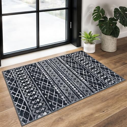 KUTA Moroccan Boho Entryway Rug, 2x3 Black Entrance Small Area Rug Non-Slip Washable, Ultra Soft Vintage Geometric Low-Pile Indoor Door Mat Floor Carpet for Kitchen - color: Black Navy Blue/White, size: 2' x 3' (Rectangular)
