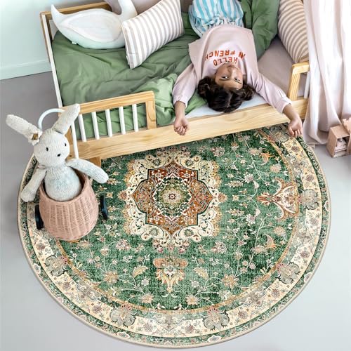 Green Round Rug 4ft,Circle Washable Area Rugs for Bedroom Bathroom Entryway Kitchen,Small Boho Vintage Bohemian Distressed Oriental Floral Carpet Non Slip,Retro Sage Floral - color: Green, size: 4'x4'