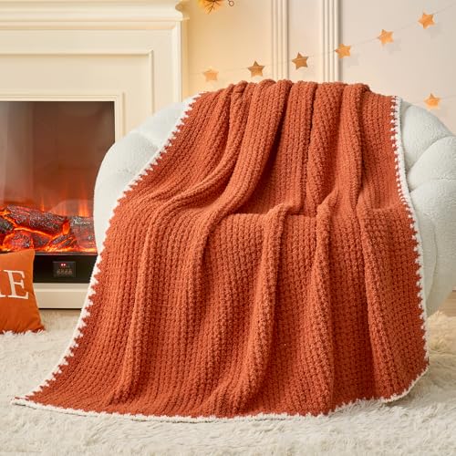 Snuggle Sac Orange Waffle Throw Blanket for Couch Bed Sofa 50x60 inches, Reversible Blanket Microfiber Fluffy Fuzzy Cozy Knit Soft Throws for Women Mothers Birthday Gifts - color: Waffle Orange 2, size: Throw(50"x60")
