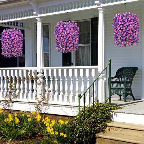 Artificial Flowers Baskets for Outdoor Decoration, Fake Hanging Plants Silk Dark Purple Fuchsia Daisy Mums Trailing Vines in Planter Realistic UV Resistant for Balcony Porch Decor - color: Fuchsia and Dark Purple