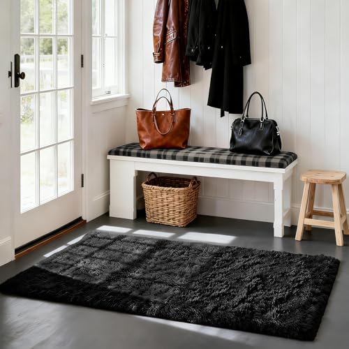 Soft Runner Rugs for Bedroom, Black 2x6 Area Rugs Fluffy Rug Shag Area Rug Carpet, Bedside Rug for Living Room Bedroom Room Home Decor - color: Black, size: 2' x 6' (Rectangular)