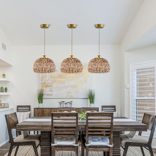 Boho Rattan Pendant Light, Adjustable Hanging Light Fixture with Natural Woven Shade, E26 Base Compatible for Kitchen Island, Bedroom, Living Room (Bulb Not Included) - color: 7.5”hemispherical shaped