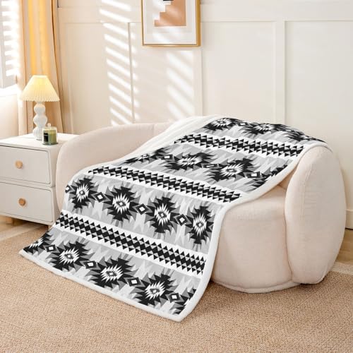 Feelyou Western Sherpa Blanket Plush Fuzzy Southwestern Aztec Fleece Throw Blanket Boys Girls Geometric Vintage for Bed Couch Chair Living Room Boho Tribal Rustic Bedroom Decor Black Grey Twin 60"x80" - color: Black Grey, size: Twin