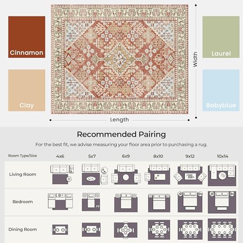 6x9 Area Rugs for Living Room, Machine Washable Low Pile Rug, Non Slip Backing Boho Rugs for Bedroom, Printed Soft Vintage Carpet Orange 6 x 9 - color: 03/Cinnamon/Clay/Laurel/Babyblue, size: 6' x 9' (Rectangular)