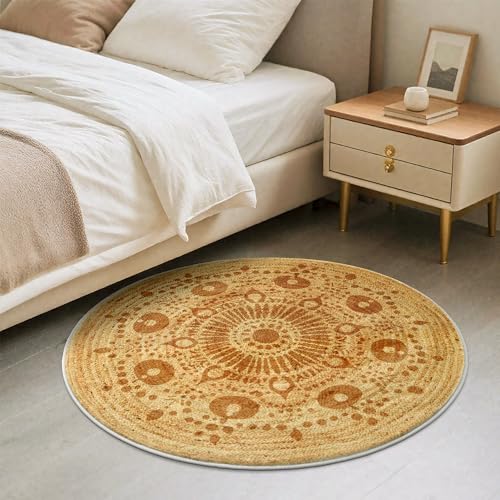 Carvapet 3ft Small Round Accent Rug - Smooth Flat Printed Faux Jute Circle Carpet, 36-Inch Low Pile Washable Skid-Resistant Floor Mat for Indoor Plant Pot Vanity Stool Pet Corner Entryway Bedside - color: S-brown, size: 3' (Round)
