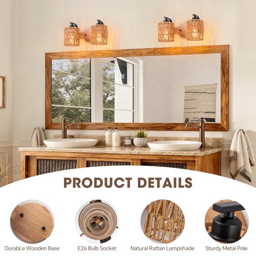 Bathroom Vanity Light Fixtures,2-Light Rattan Bathroom Lighting Fixtures Over Mirror,Farmhouse Wall Sconces Boho Woven Lampshade,Rustic Wall Mounted Wooden Base Wall Light for Bedroom Hallway Stairs - color: 2light-Cylinder shade