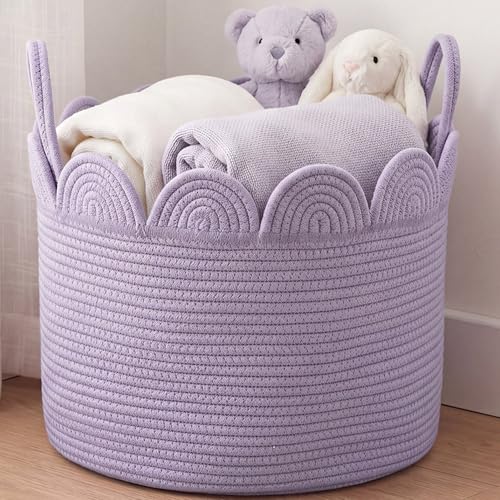 LemonRoad Lavendor Purple Round Basket Large Blanket Basket 15.8" L X 15.8" W X13.8" H Scalloped Woven Baskets Cotton Storage Baskets for Nursery Classroom Closet Blankets Storage Home Decor - color: Lavendor Purple, size: 15.8" L X 15.8" W X13.8" H
