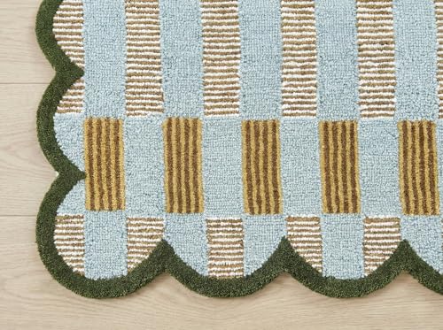 Hand Tufted Wool Rug with Scalloped Edges, Light Blue Plaid Pattern, Soft Area Rug for Living Room, Bedroom, and Nursery, Handmade Modern Accent Rug, Meadow Sky, 8'x10' - size: 8' x 10' (Rectangular)