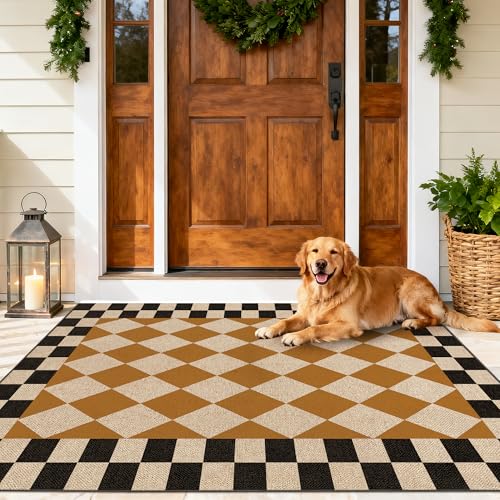 Washable Checkered Easy Jute Rug 3x5, Brown Black Checkerboard Geometric Outdoor Indoor Patio Small Rugs, Woven Non Slip Thin Neutral Carpet Door Mat for Bedroom Entryway Front Door Farmhouse - color: Checkerboard -4 Brown Black, size: 3' x 5'