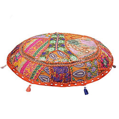 Ethnic Round Throw Pillows for Bed Vintage Patchwork Floor Cushion Cover Orange Small 18x18 Decorative Decor Seating Tuffet Seat Pouf Cover Footstool Cotton Embroidered 1 Pc - color: Orange