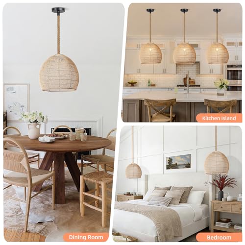 Arturesthome Natural Rattan Pendant Light for Kitchen Island, Woven Lamp Shade Chandelier, Hanging Ceiling Light, Handmade Lampshade Rope Lamp D15.7in*13.7in - size: 15.7″W x 13.7″H