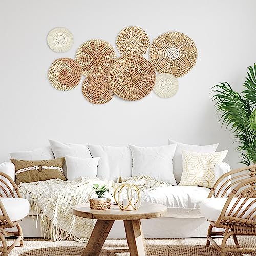 Xuhal 8 Pcs Boho Wall Basket Decor Decorative Bulrush Woven Basket Wall Decor Rustic Farmhouse Hanging Baskets for Kitchen Rustic Home Summer Decorations(Classic) - style: Classic