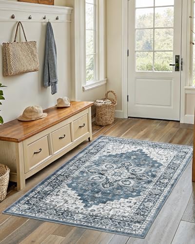 AMADA HOMEFURNISHING 4x6 Washable Area Rug, Low-Profile Entryway Rug with Non-Slip Backing & Durable Edge Binding, Vintage Rugs for Bedroom, Entryway & Kitchen - color: Blue, size: 4' x 6' (Rectangular)