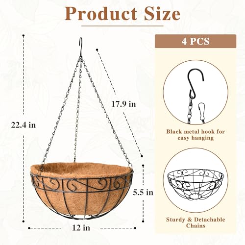 4 Pack Hanging Planter for Outdoor Plants 12 inch Metal Hanging Flower Basket with Coco Coir Liner Round Wire Plant Holder Chain Flower Pots Outdoor Garden Decoration Watering Hanging Baskets（HB） - size: 12" x 4 Pack, style: Flower Border