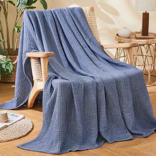 EMME Cotton Muslin Throw Blanket for Couch Breathable Gauze Soft Lightweight Blankets for Adults (Heather Navy, 50"x60") - color: 02 - Navy, size: Throw (50" X 60")