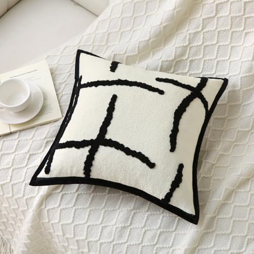 Boho Decorative Throw Pillows with Inserts, 18" x 18" Soft Tufted Modern Chenille Pillow, Pillows for Home, Patio, Couch, Bedroom, Living Room (Black Lines - Cream White Background) - style: Black Lines