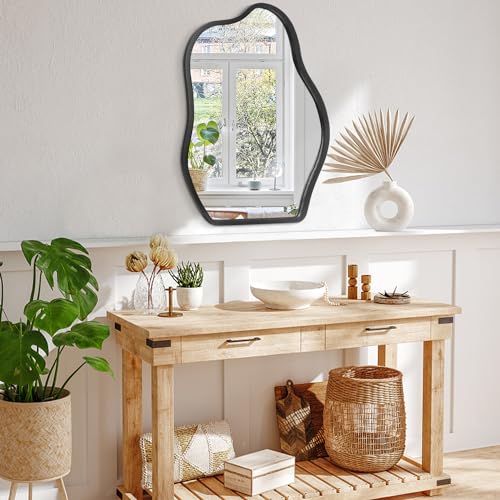 Irregular Mirror for Wall Decor Asymmetrical Wooden Framed Wall Mirror Modern Unique Shape Vanity Artistic Cloud Mirror Decorative for Living Room Bedroom Bathroom Entryway Black - color: Inky, size: 26"L x 18"W