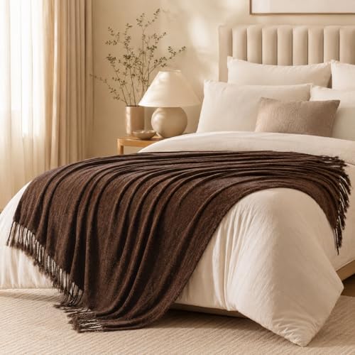 BATTILO HOME Brown Chenille Throw Blanket for Couch, Soft Cozy Textured Knit Throw Blanket with Handmade Fringe Tassels, Lightweight Decorative Farmhouse Blanket for Sofa Bed Chair, 50"x60" - color: Brown
