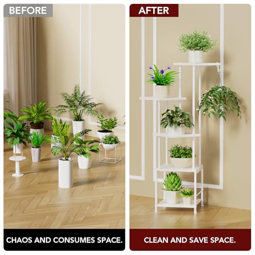 Homsorout Plant Stand Indoor with Grow Light - 5-Tier Metal Plant Shelf with Hanging Basket Hook, Corner Tall Flower Holder for Multiple Plants, Living Room Balcony Garden Patio, White - color: White, size: 5-Tier