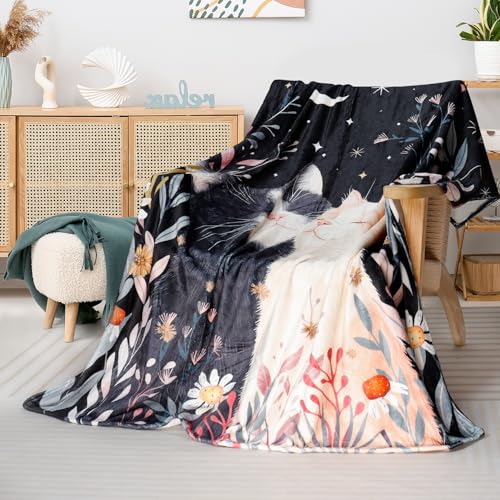 Cat Throw Blanket for Cats Lover Floral Plant Bed Blanket Moon and Star Blankets Cozy Fuzzy Plush Throw Blanket for Couch Chair 50"x 60" - color: Cat, size: 50" X 60"
