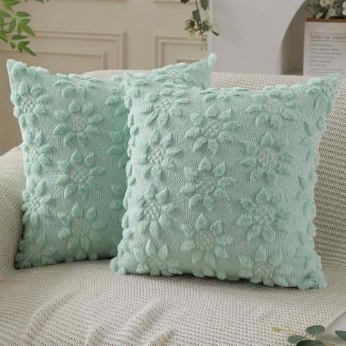 DFXSZ Spring Summer Pillow Covers 16x16 inch Set of 2 Farmhouse Decor White Flower Heart Sunflower Green Soft Plush Faux Fur Jacquard Throw Pillows for Sofa Holiday Spring Home Decor PTK024F16 - color: Green, size: 16" x 16" (Pack of 2)