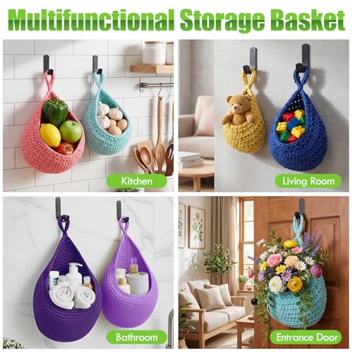 Honeydak 6 Pack Boho Hanging Wall Baskets for Kitchen, Teardrop Hanging Fruit Vegetable Basket with 6 Hooks, Cute Onion Storage Net for Camper, Bathroom, Entryway, Nursery, 6 Size(Mixed Bright Colors) - color: Mixed Bright Color