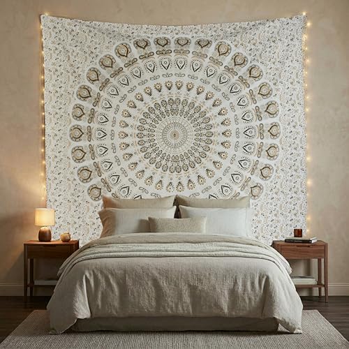 FURNISHFUL FINESSE Handmade Cotton Peacock Mandala Tapestry - White Gold Indian Boho Wall Decor, Shimmery Bohemian Hippie Room Hanging - 60x50 Inches, (White Gold) - color: White Gold, size: 60"L x 50"W