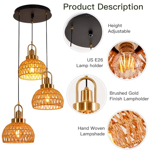 Modern Boho Gold Rattan Pendant Light 3-Lights Vintage Farmhouse Rattan Pendant Light Fixture Hand Woven Golden Bamboo Wicker Pendant Lights for Kitchen, Stairwell, Entryway, Living Room - color: Gold 3-Light