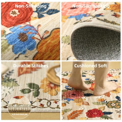 8x10 Area Rugs for Living Room: Washable Rug Non Slip Low Pile Soft Faux Wool Non Shedding Distressed Vintage Floral Large Area Rugs for Bedroom Dining Room Nursery Under Table Farmhouse Home Office - color: Beige Floral, size: 8' x 10' (Rectangular)