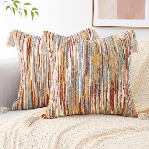 decorUhome Boho Decorative Throw Pillow Covers 18x18 Set of 2, Striped Chenille Tufted Pillow Covers with Tassels for Couch Bed Sofa, Rust - color: Rust
