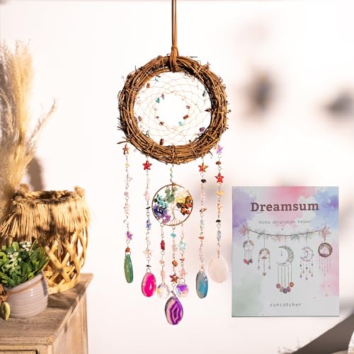Handmade Natural Dream Catcher Hanging Home Decor at Livingroom Window and Garden, Unique Design with Rattan, Stones, Agate & Crystal - Ideal for Any Space & Gift Giving to Lovers Parents and Friends - style: Rattan-Agate
